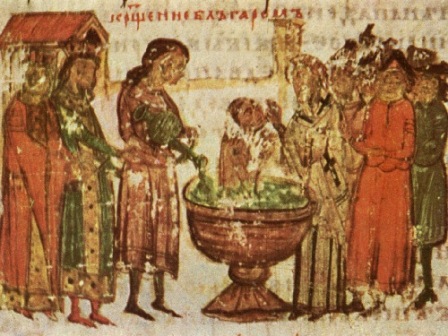Křest bulharského knížete Borise, miniatura ze slovanského překladu Kroniky Konstantina Manassa